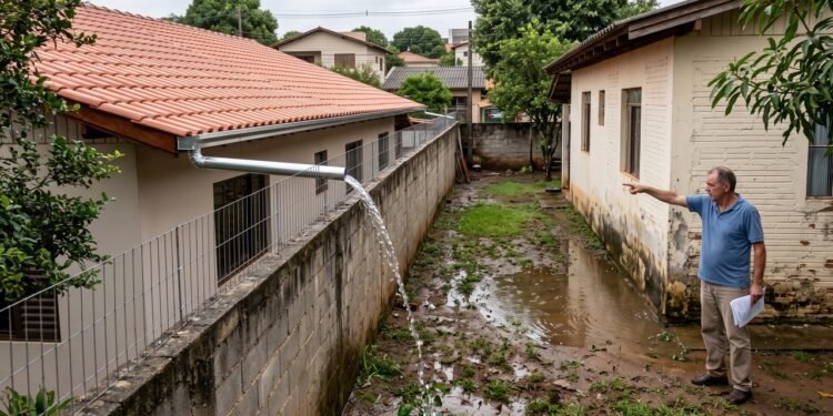 Proprietário reforma o telhado e instala calha que despeja água da chuva diretamente no quintal da casa ao lado, causando infiltrações após temporais: o vizinho prejudicado exige a correção da estrutura com base no Artigo 1.300 do Código Civil