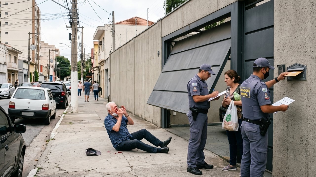 Morador instala portão eletrônico basculante que projeta 1 metro para fora da calçada ao abrir, atingindo pedestres que passam pelo local; a prefeitura aplica multa e notifica o proprietário para alterar o mecanismo de abertura por risco de acidentes.