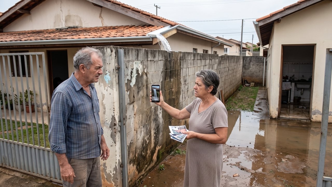 Proprietário reforma o telhado e instala calha que despeja água da chuva diretamente no quintal da casa ao lado, causando infiltrações após temporais: o vizinho prejudicado exige a correção da estrutura com base no Artigo 1.300 do Código Civil