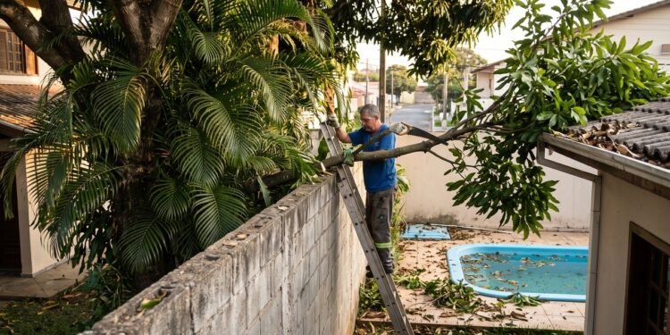 Galhos da árvore gigante do terreno ao lado invadem a piscina e entopem a calha da casa vizinha, e o morador descobre que o Código Civil permite que ele corte tudo o que ultrapassar a linha do muro sem precisar da autorização do dono da planta.
