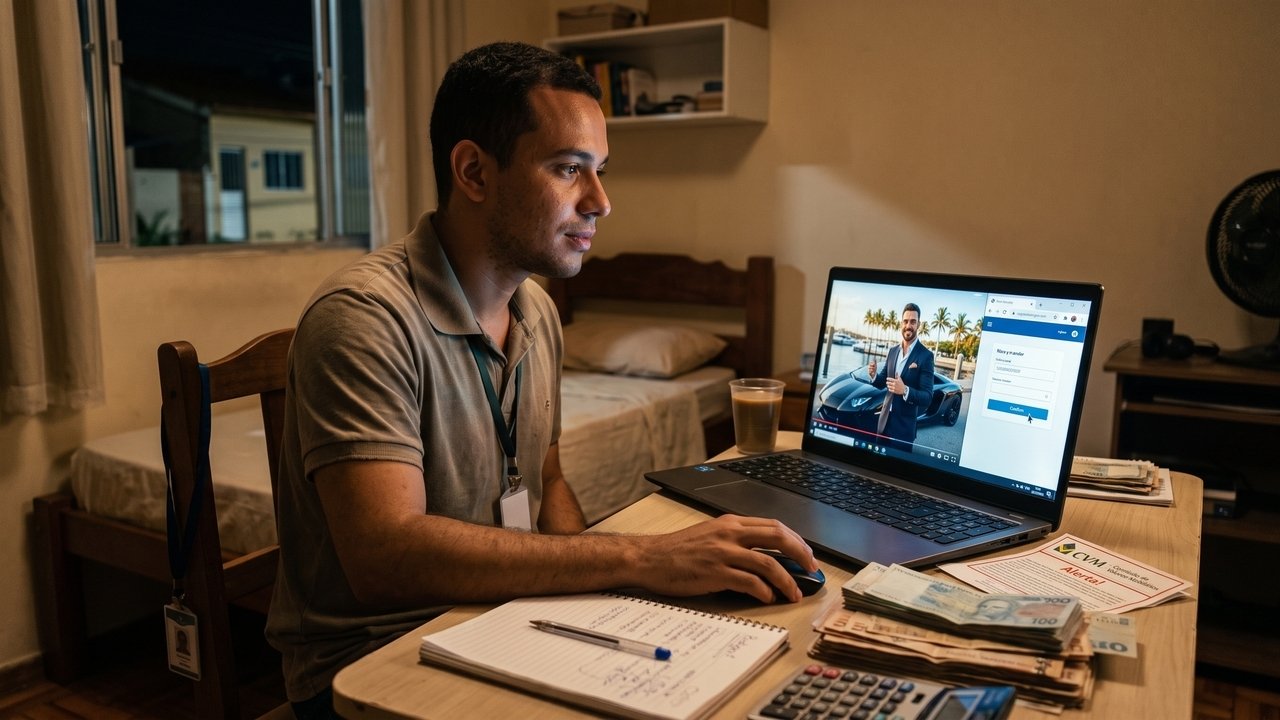 Influenciador digital promove um curso de investimentos, prometendo rentabilidade garantida e irreal. Um seguidor compra, perde as economias e processa o criador de conteúdo. O tribunal responsabiliza o influenciador solidariamente pela propaganda enganosa, obrigando-o a devolver o valor do curso e a ressarcir o prejuízo financeiro do seguidor com base na teoria da aparência do Código de Defesa do Consumidor. 