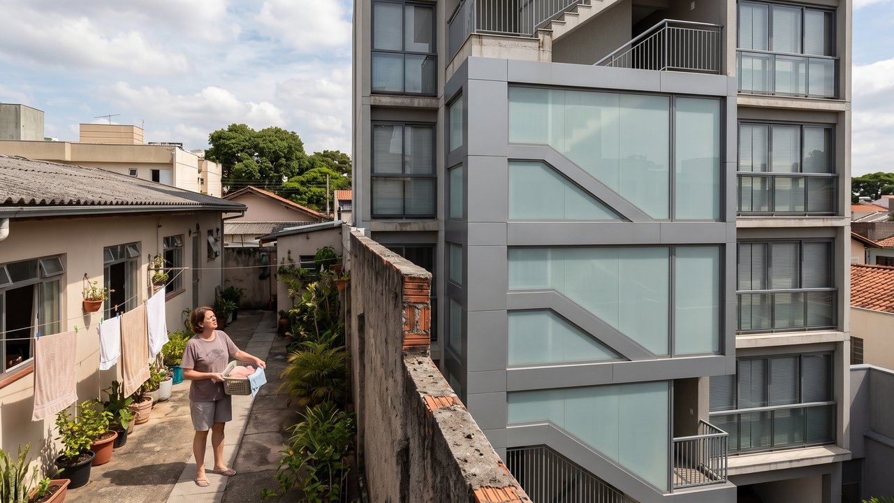 Proprietário termina a obra e deixa o telhado despejar água diretamente no terreno do vizinho; o Código Civil limita o direito de construir mesmo quando tudo permanece dentro do próprio lote