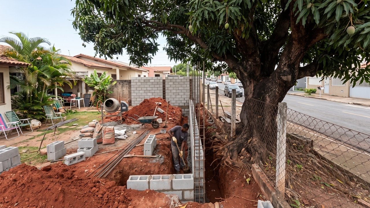 Morador constrói muro de alvenaria de 3 metros na divisa sem consultar o vizinho e corta pela metade as raízes de uma mangueira de 40 anos; árvore desestabiliza, cai sobre a garagem vizinha e esmaga um SUV de R$ 160 mil; laudo pericial comprova imperícia na escavação e condena o construtor a indenizar o veículo e a reconstrução do telhado