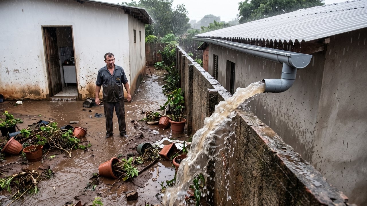 Proprietário altera o telhado e instala calha que despeja a água da chuva diretamente no terreno ao lado; o vizinho prejudicado contesta a reforma e exige a correção do escoamento com base no Artigo 1.300 do Código Civil