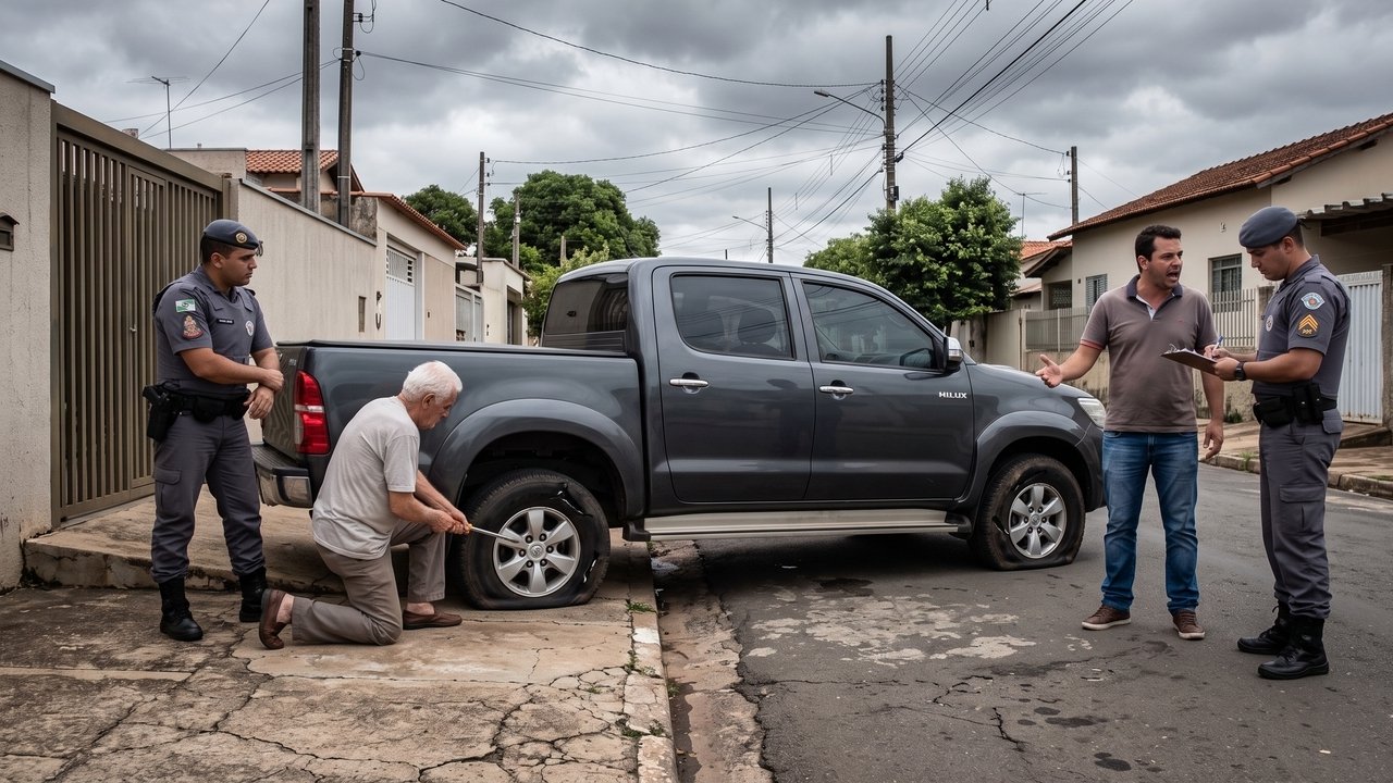 Motorista estaciona em frente a uma rampa de garagem rebaixada irregularmente; morador fura os quatro pneus do veículo avaliados em R$ 1.600, como retaliação; Justiça condena o morador a pagar pneus novos ao infrator por exercício arbitrário das próprias razões.