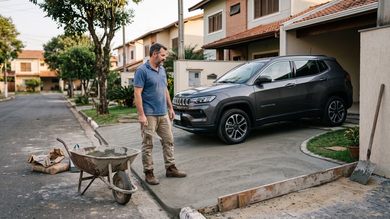 Morador constrói rampa de concreto na calçada para facilitar o acesso de SUV à garagem, criando um degrau de 25 cm no passeio público que provoca quedas de pedestres e impede o trânsito de cadeirantes; a prefeitura aplica multa por infração ao Código de Posturas e exige a demolição da estrutura