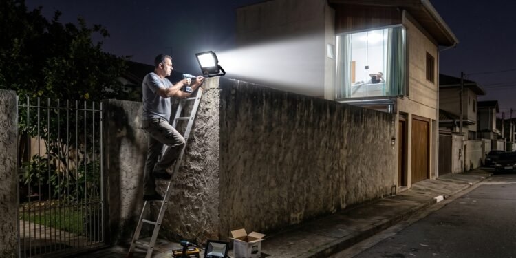 Morador instala refletor LED de alta potência no muro para aumentar a segurança da casa; o feixe atravessa todas as noites a janela do vizinho e mantém o quarto ao lado completamente iluminado. O conflito pode chegar ao Juizado Especial Cível