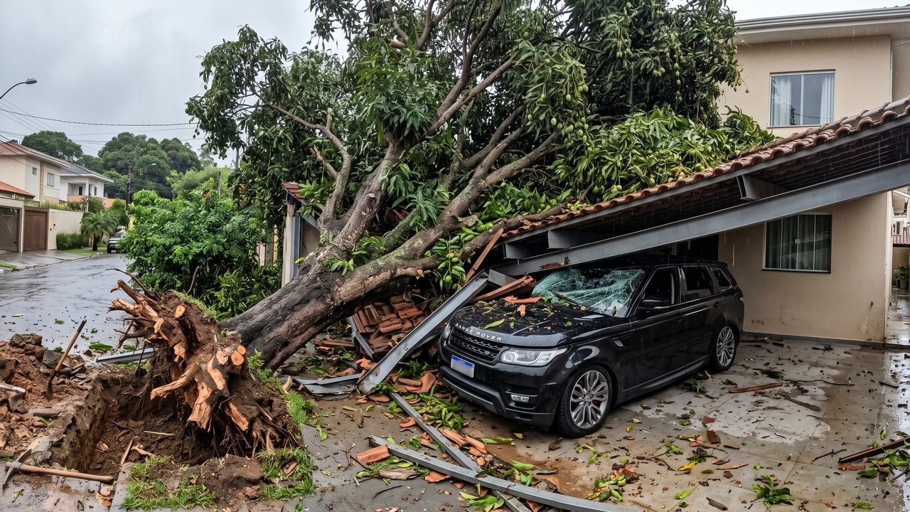 Morador constrói muro de alvenaria de 3 metros na divisa sem consultar o vizinho e corta pela metade as raízes de uma mangueira de 40 anos; árvore desestabiliza, cai sobre a garagem vizinha e esmaga um SUV de R$ 160 mil; laudo pericial comprova imperícia na escavação e condena o construtor a indenizar o veículo e a reconstrução do telhado