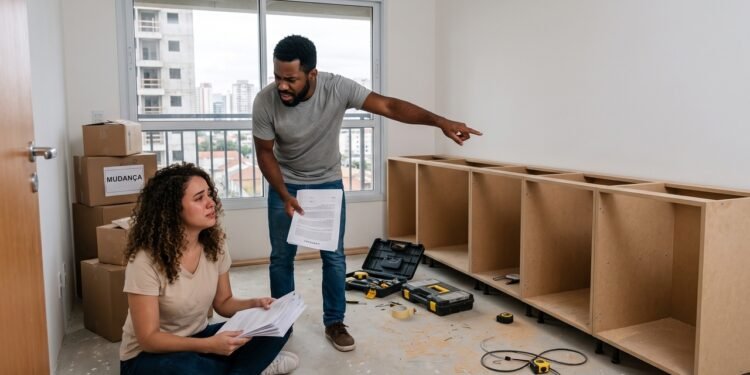 Casal contrata marcenaria sob medida por R$ 38.000 para mobiliar apartamento novo com entrada de 50%, mas a empresa atrasa a entrega em 9 meses e some após entregar apenas as carcaças de MDF cru; consumidores entram com ação de rescisão contratual com pedido de desconsideração da personalidade jurídica para penhorar bens pessoais do sócio