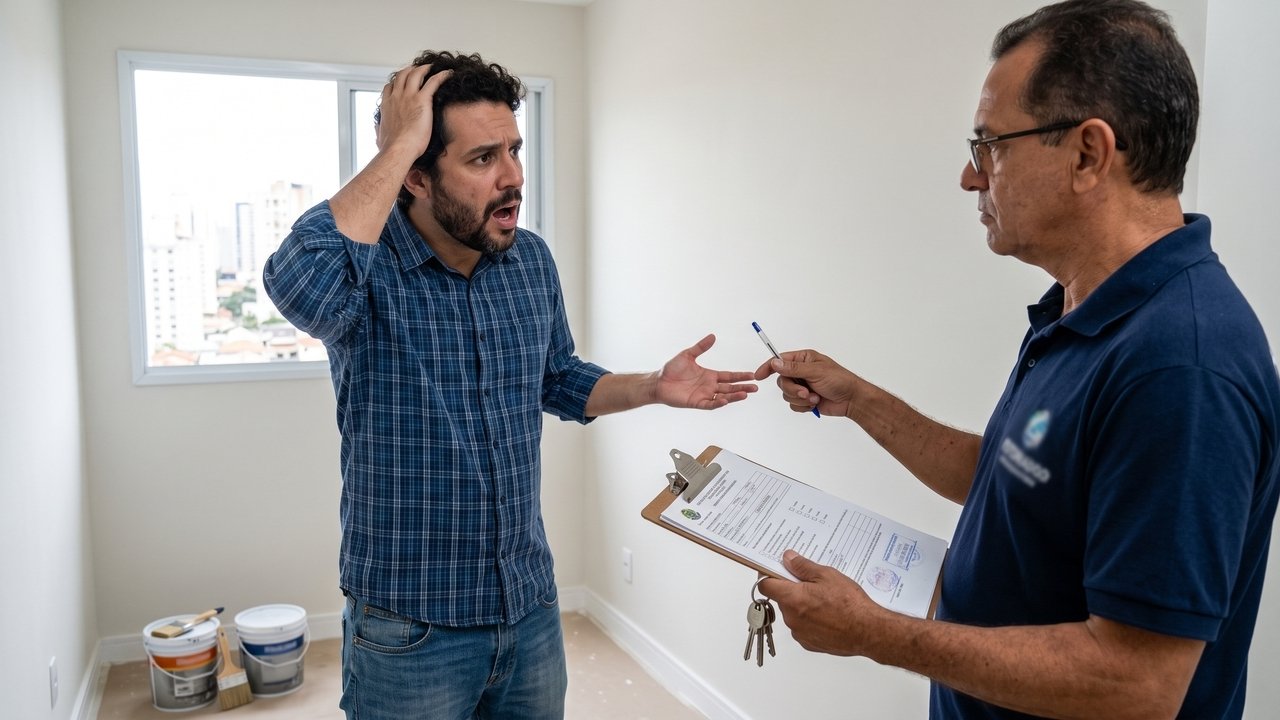 Inquilino desocupa imóvel após 3 anos de locação e imobiliária exige pintura com tinta premium específica não prevista no laudo de vistoria inicial; locatário deposita as chaves em juízo e juiz afasta a exigência abusiva, limitando a obrigação apenas à devolução no estado original de conservação.