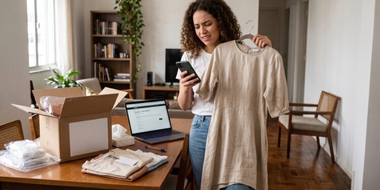 Uma consumidora compra roupas pelo Instagram, não gosta do caimento no corpo e pede devolução. A loja afirma que "não troca peças em promoção", mas é obrigada a devolver o dinheiro. A lei garante 7 dias de arrependimento irrestrito para qualquer compra feita fora do estabelecimento físico
