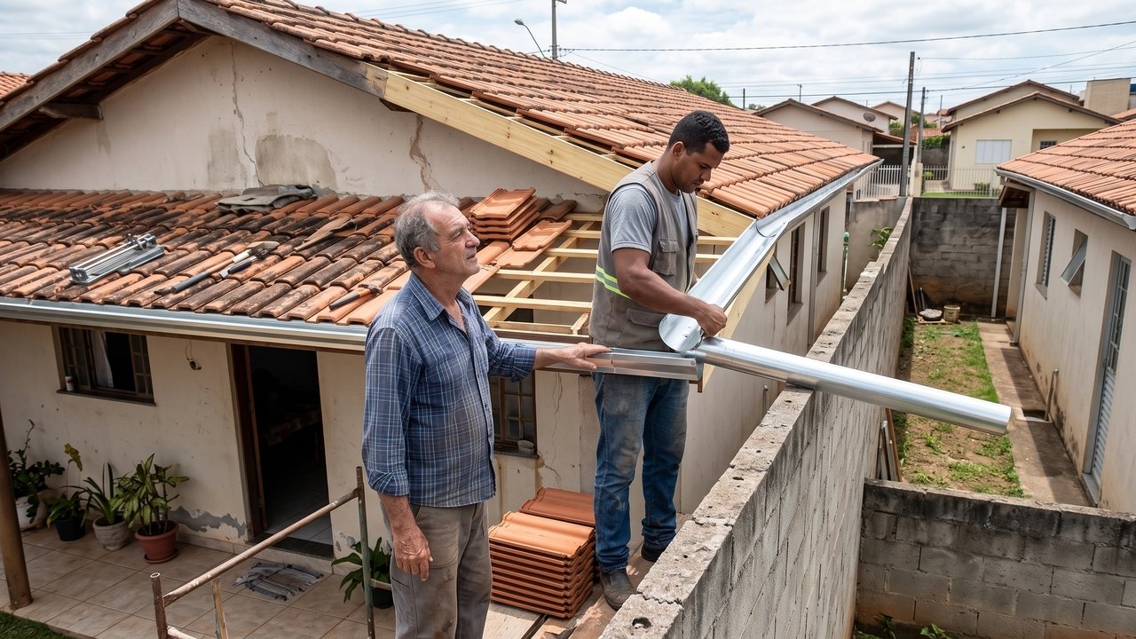 Proprietário reforma o telhado e instala calha que despeja água da chuva diretamente no quintal da casa ao lado, causando infiltrações após temporais: o vizinho prejudicado exige a correção da estrutura com base no Artigo 1.300 do Código Civil