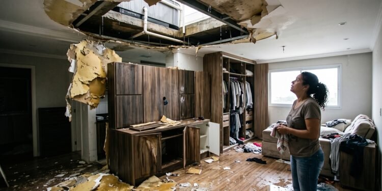 Proprietário instala banheira de hidromassagem em apartamento sem impermeabilização técnica adequada e viaja por 20 dias; vazamento contínuo destrói o teto de gesso, os móveis planejados de R$ 45 mil e o closet do vizinho de baixo; condomínio emite multa de 5 cotas e Justiça determina reparação integral por danos materiais e morais