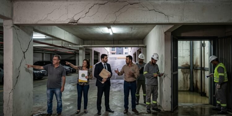 Moradores de edifício de 12 andares recém-entregue identificam rachaduras diagonais nas vigas do subsolo e infiltração no poço do elevador; laudo pericial aponta risco à solidez da edificação; associação de moradores ajuíza Ação de Obrigação de Fazer contra a construtora com base no Artigo 618 do Código Civil, que responde pela garantia legal de 5 anos sobre a segurança da obra
