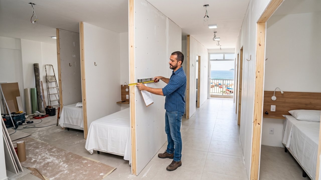 Inquilino aluga apartamento de R$ 3.500 em área turística, divide a sala com divisórias de drywall e subloca 6 leitos individuais por aplicativo, faturando R$ 9.000 mensais; locador descobre a atividade proibida em contrato e obtém liminar de despejo imediato com cobrança da multa contratual integral de 3 aluguéis e retenção da caução
