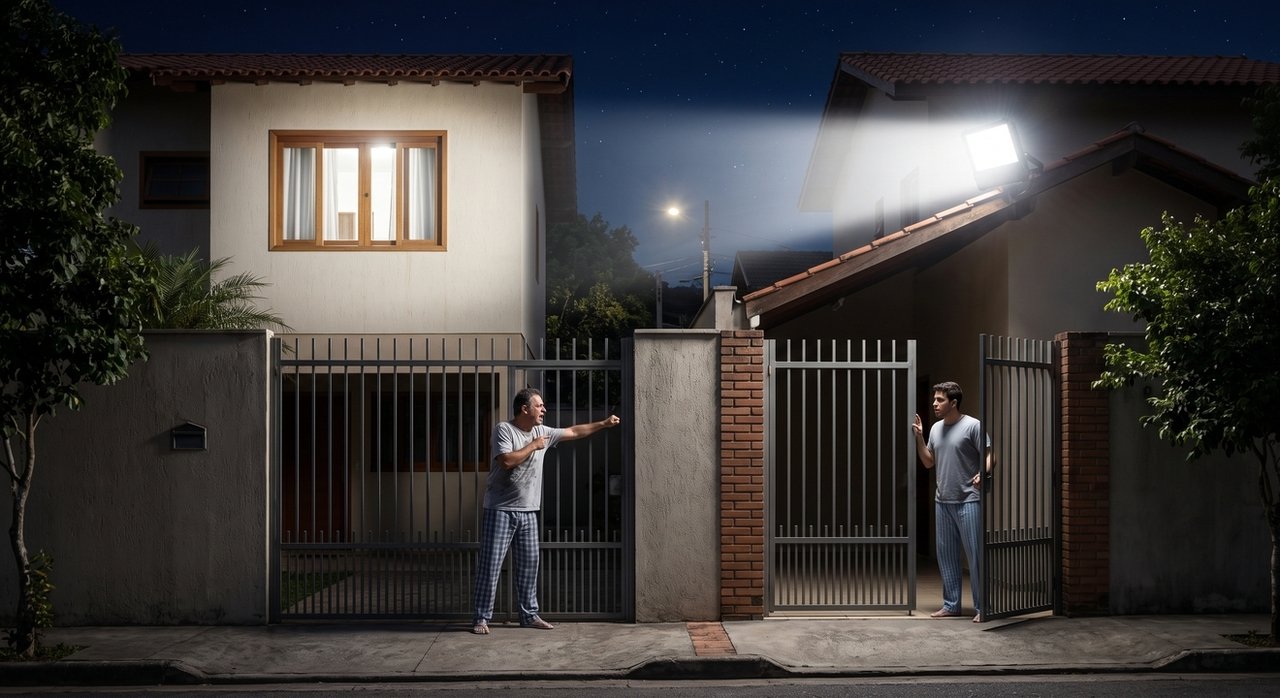 Morador instala refletor LED de alta potência no muro para aumentar a segurança da casa; o feixe atravessa todas as noites a janela do vizinho e mantém o quarto ao lado completamente iluminado. O conflito pode chegar ao Juizado Especial Cível