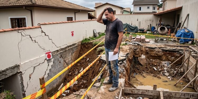 Um morador escavou o quintal para construir piscina de 15 mil litros sem engenheiro, provocando escorregamento do solo e trincando casa vizinha avaliada em R$ 380 mil; Defesa Civil interdita o local e Justiça fixa aluguel social de R$ 2.200 ao responsável