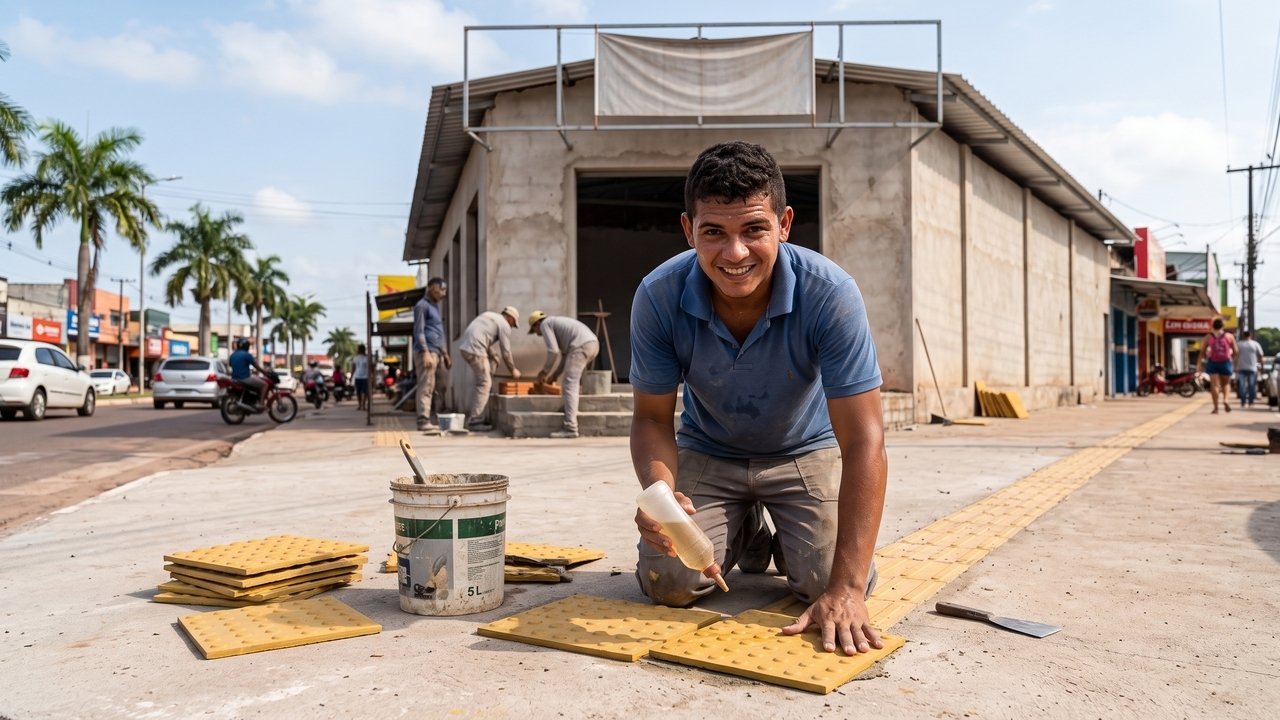 O piso tátil instalado de forma irregular em uma obra comercial de Macapá, que deixou pilastras no passeio, levou a prefeitura a notificar o empreendimento por risco aos pedestres