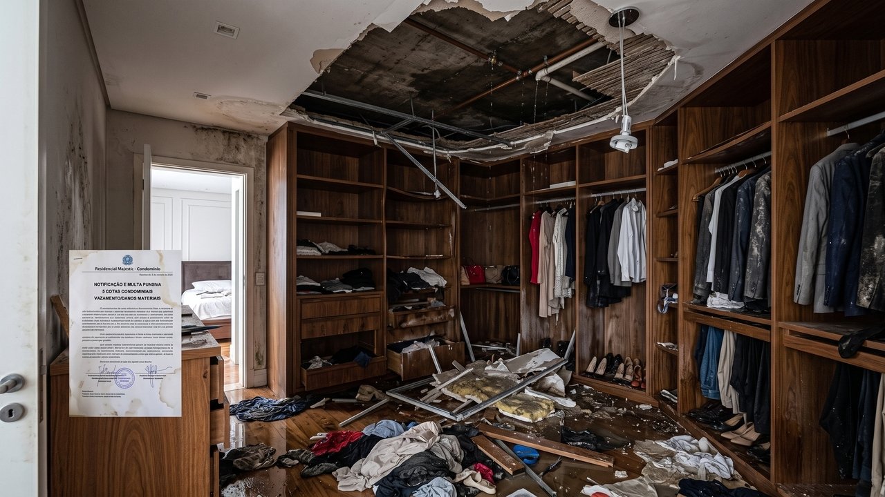 Proprietário instala banheira de hidromassagem em apartamento sem impermeabilização técnica adequada e viaja por 20 dias; vazamento contínuo destrói o teto de gesso, os móveis planejados de R$ 45 mil e o closet do vizinho de baixo; condomínio emite multa de 5 cotas e Justiça determina reparação integral por danos materiais e morais