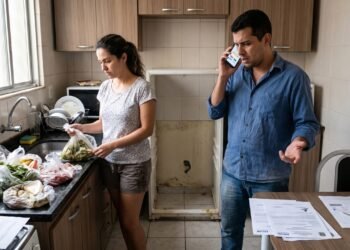 Casal compra geladeira de R$ 4.200 em e-commerce com prazo de entrega de 5 dias, mas o produto sofre atraso de mais de 40 dias, fazendo a família perder alimentos perecíveis; o Procon classifica a geladeira como bem essencial e o Juizado Especial condena a loja a entregar o eletrodoméstico em 48 horas sob pena de multa diária, além de indenização de R$ 3.000 pelos danos causados