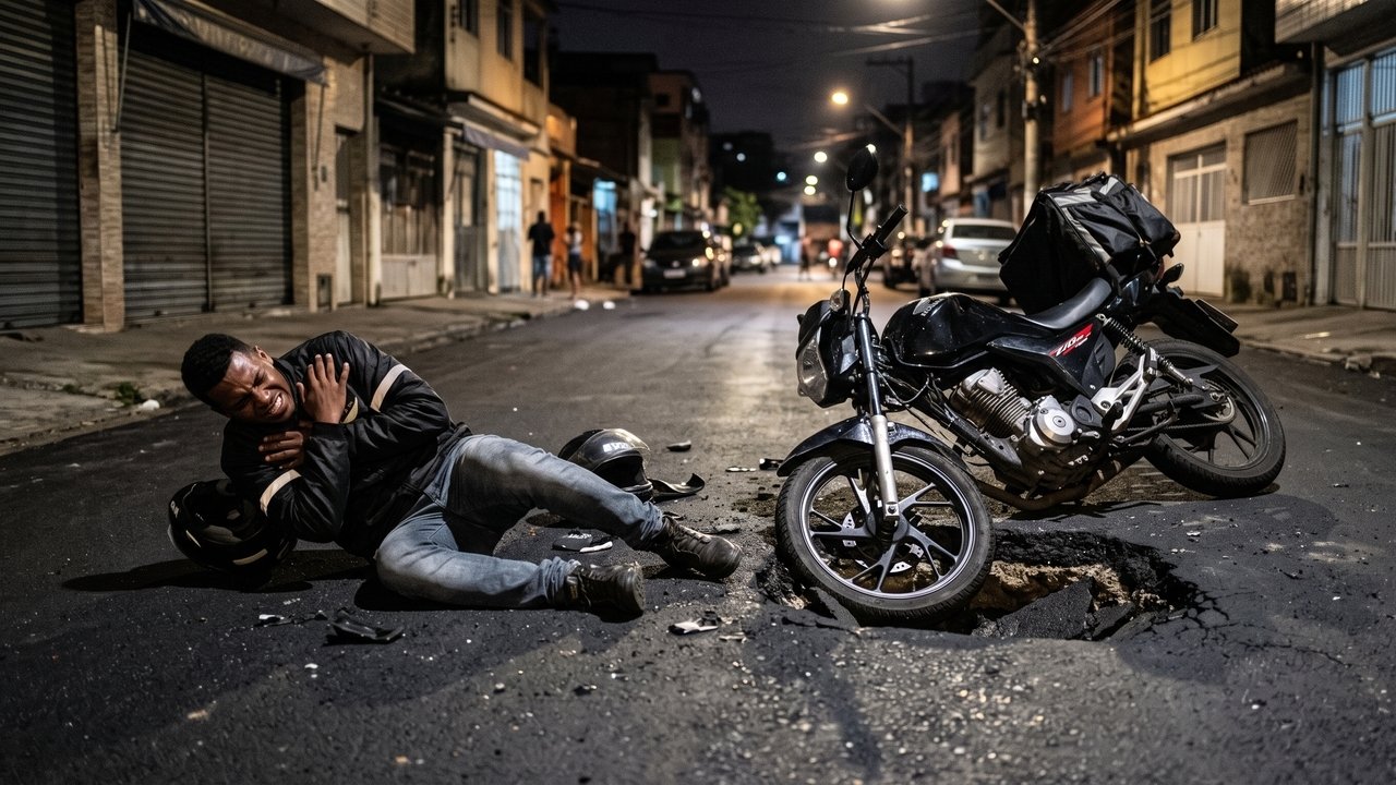 Motociclista cai em cratera aberta de 40 cm sem sinalização em via municipal recém-asfaltada, fratura a clavícula e perde moto avaliada em R$ 28 mil; vítima processa a prefeitura com base na responsabilidade civil objetiva do Estado (Artigo 37, § 6º da CF/88), obtendo ressarcimento integral do veículo, despesas médicas e pensão pelo período de afastamento do trabalho.