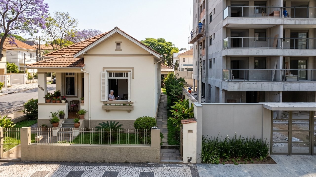 Proprietário termina a obra e deixa o telhado despejar água diretamente no terreno do vizinho; o Código Civil limita o direito de construir mesmo quando tudo permanece dentro do próprio lote