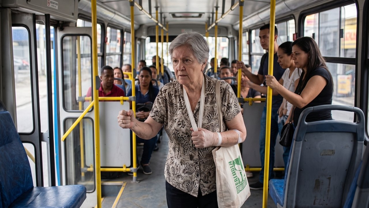 Uma passageira idosa que viajava em pé no ônibus circular cai e fratura o braço depois que o motorista freia bruscamente para não bater em um carro que cortou a sua frente. Mesmo a culpa original sendo do outro carro, o tribunal condena a empresa de ônibus a pagar os custos médicos e danos morais da passageira. Empresas de transporte têm responsabilidade objetiva e o dever de garantir que o passageiro chegue ileso ao destino. 