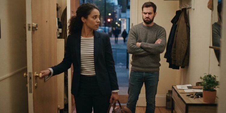 Pessoa sentada diante de um celular com uma mensagem de cobrança emocional na tela, enquanto segura uma agenda com seus próprios planos, representando o conflito entre autonomia e medo de desaprovação.