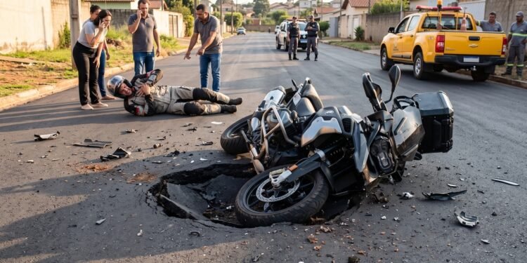 Motociclista cai em cratera aberta de 40 cm sem sinalização em via municipal recém-asfaltada, fratura a clavícula e perde moto avaliada em R$ 28 mil; vítima processa a prefeitura com base na responsabilidade civil objetiva do Estado (Artigo 37, § 6º da CF/88), obtendo ressarcimento integral do veículo, despesas médicas e pensão pelo período de afastamento do trabalho.
