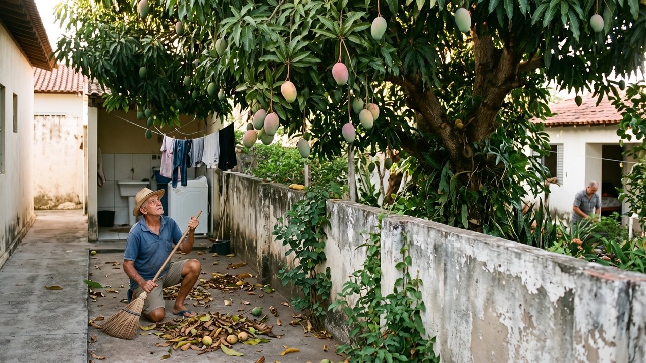 Os galhos da mangueira do vizinho ultrapassam o muro e invadem o seu quintal. Se você arrancar a fruta do galho, está cometendo um ilícito civil (a fruta pertence ao dono da árvore). Porém, se a fruta cair naturalmente no chão do seu quintal, ela passa a ser sua por direito