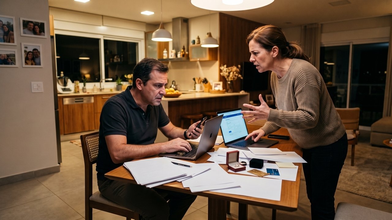 Durante partilha de bens em divórcio litigioso, marido declara não possuir economias guardadas, mas laudo pericial financeiro descobre a conversão de R$ 180 mil de uma conta conjunta para carteiras não rastreáveis de Bitcoin meses antes da separação; o juiz caracteriza a manobra como fraude à meação matrimonial e determina o bloqueio imediato das contas bancárias e bens pessoais do ex-cônjuge para compensar a quota-parte da esposa.