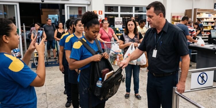 Gerente de supermercado obriga operadoras de caixa a abrirem suas bolsas e mochilas diariamente na saída do expediente, de forma ostensiva e na frente de clientes; uma funcionária filma a abordagem e ingressa com ação trabalhista; o Tribunal Regional do Trabalho reconhece a prática como revista abusiva e vexatória, condenando a rede varejista ao pagamento de R$ 15 mil por danos morais por violação à intimidade da trabalhadora.