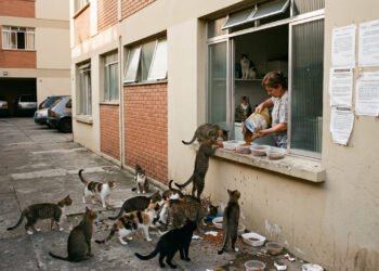 Moradora de apartamento térreo começa a alimentar diariamente 15 gatos de rua na janela da área de serviço, atraindo os animais para o interior do prédio e gerando mau cheiro, fezes nas garagens e infestação de pulgas; o condomínio aplica multas sucessivas de R$ 600 e a Justiça defere liminar proibindo a prática sob justificativa de risco à salubridade coletiva e clara violação ao Artigo 1.336 do Código Civil
