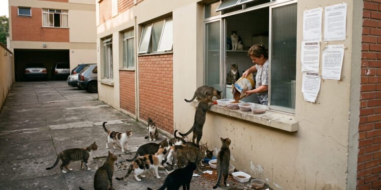 Moradora de apartamento térreo começa a alimentar diariamente 15 gatos de rua na janela da área de serviço, atraindo os animais para o interior do prédio e gerando mau cheiro, fezes nas garagens e infestação de pulgas; o condomínio aplica multas sucessivas de R$ 600 e a Justiça defere liminar proibindo a prática sob justificativa de risco à salubridade coletiva e clara violação ao Artigo 1.336 do Código Civil
