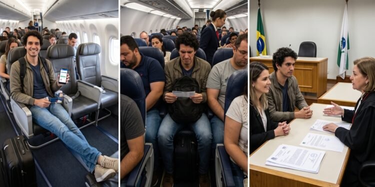 Passageiro paga R$ 400 a mais por uma poltrona "conforto" com espaço extra para as pernas. Na hora do embarque, a companhia aérea troca o modelo da aeronave e o realoca em uma poltrona comum no fundo do avião, espremido no assento do meio. O juiz condena a empresa a devolver o valor extra pago em dobro e fixa indenização por danos morais por quebra de contrato e frustração na prestação do serviço.