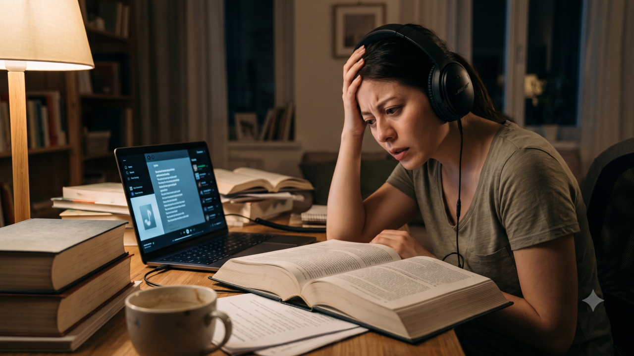 A psicologia diz que ser incapaz de trabalhar enquanto a música com letras toca não é um problema de foco, é a prova de que seu sistema de linguagem está fazendo seu trabalho, porque as palavras em seus ouvidos competem diretamente com as palavras em sua cabeça