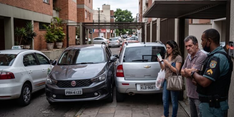 Morador irritado com carro mal estacionado trava o veículo do vizinho propositalmente na garagem de gaveta e ignora o interfone. A polícia enquadra a conduta criminalmente. O juiz o condena a pagar danos morais e reembolsar o táxi da vítima, configurando o ato como exercício arbitrário das próprias razões.
