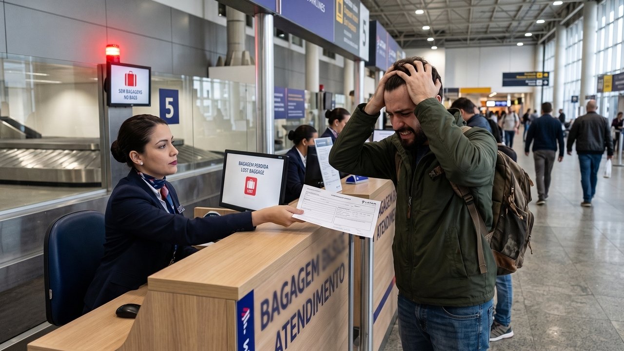 Um fotógrafo tem sua mala extraviada em uma conexão de voo e a companhia aérea tenta limitar a indenização a um teto tarifário padrão de R$ 5.000. Como a mala continha equipamentos de trabalho, a Justiça afasta esse teto, aplica o Código de Defesa do Consumidor e obriga a empresa a pagar o valor real de tudo o que foi perdido, além de lucros cessantes.