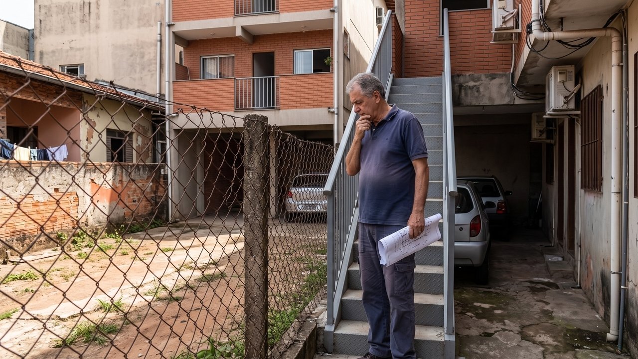 Proprietário termina a obra e deixa o telhado despejar água diretamente no terreno do vizinho; o Código Civil limita o direito de construir mesmo quando tudo permanece dentro do próprio lote