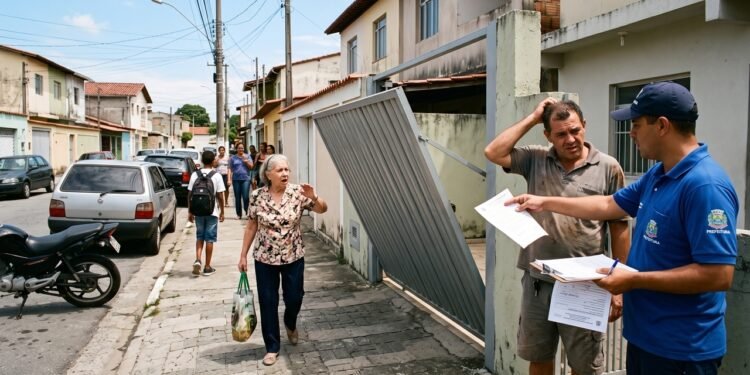 Morador instala portão eletrônico basculante que projeta 1 metro para fora da calçada ao abrir, atingindo pedestres que passam pelo local; a prefeitura aplica multa e notifica o proprietário para alterar o mecanismo de abertura por risco de acidentes.