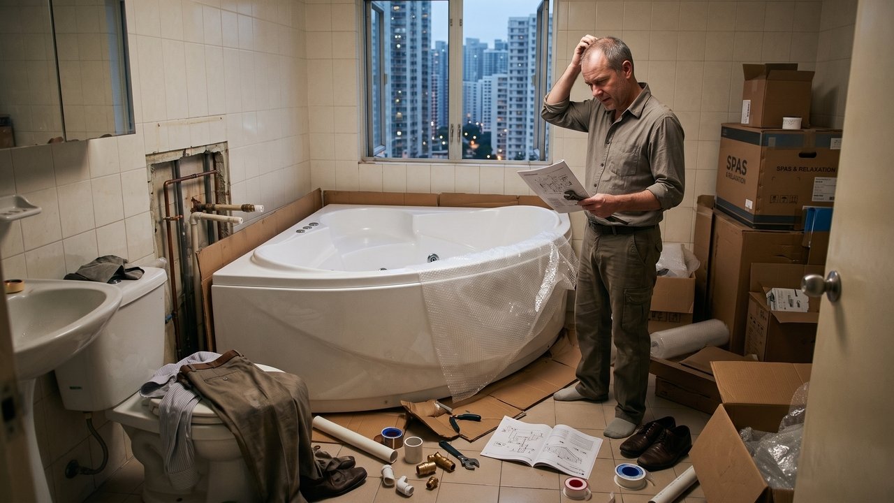 Proprietário instala banheira de hidromassagem em apartamento sem impermeabilização técnica adequada e viaja por 20 dias; vazamento contínuo destrói o teto de gesso, os móveis planejados de R$ 45 mil e o closet do vizinho de baixo; condomínio emite multa de 5 cotas e Justiça determina reparação integral por danos materiais e morais