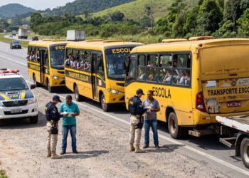 Três ônibus levavam estudantes quando a PRF encontrou 2 motoristas apenas com CNH B e um terceiro sem habilitação; um veículo tinha licenciamento vencido desde 2016 e acabou removido ao pátio