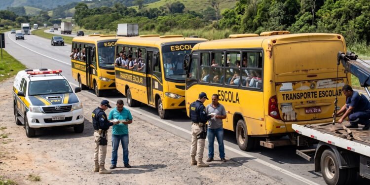 Três ônibus levavam estudantes quando a PRF encontrou 2 motoristas apenas com CNH B e um terceiro sem habilitação; um veículo tinha licenciamento vencido desde 2016 e acabou removido ao pátio