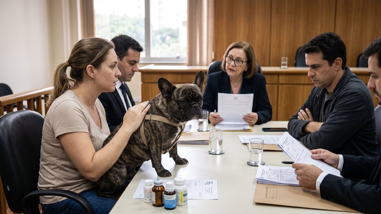 Casal se divorcia após 8 anos e disputa a posse de cão da raça Bulldog Francês, que necessita de medicação contínua e tratamento dermatológico de R$ 1.200 mensais; o ex-marido recusa qualquer custeio após sair de casa; Justiça fixa guarda compartilhada alternada por quinzena e arbitra obrigação de alimentos compensatórios para custeio de 50% das despesas veterinárias sob pena de execução