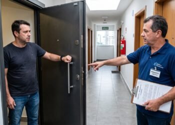 Proprietário instala uma porta blindada que abre para fora na entrada do apartamento após assaltos na região, mas o condomínio consegue liminar para a remoção porque a estrutura afunila o corredor e viola as normas de segurança e evacuação do Corpo de Bombeiros.