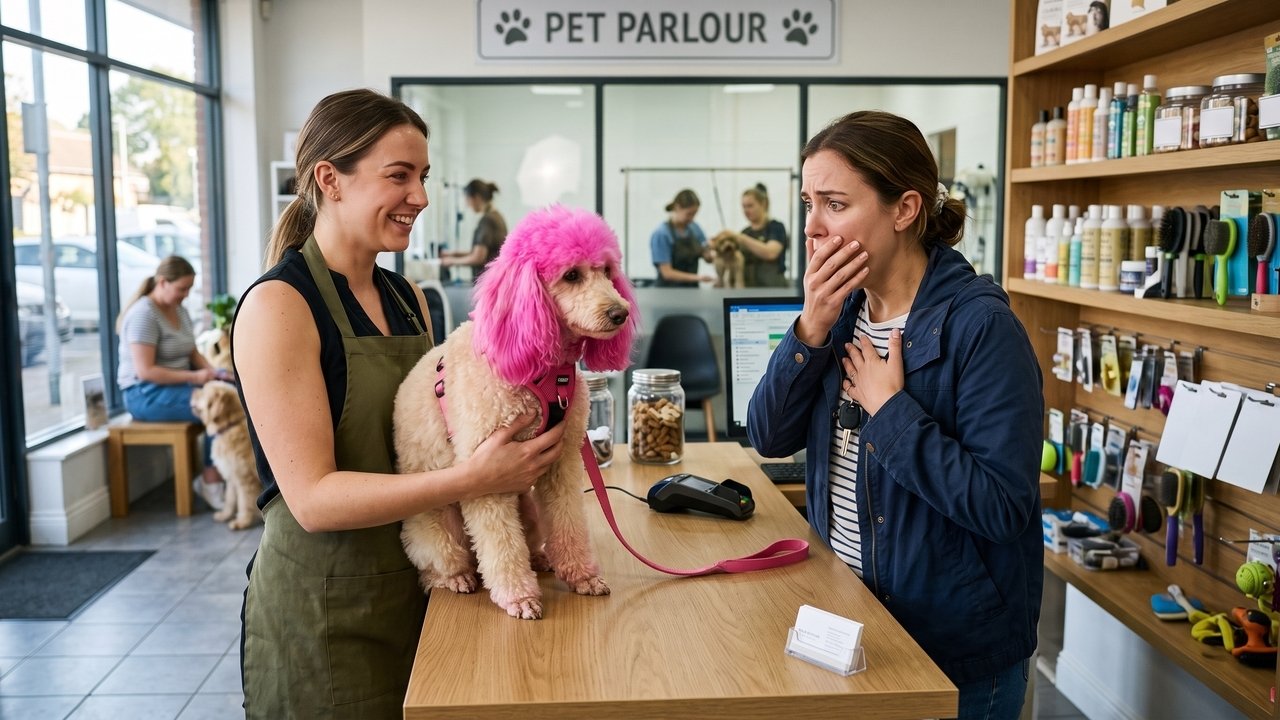 Tutora deixa seu cão Poodle no pet shop para um banho rotineiro. O estabelecimento, para fazer uma "surpresa", tinge as orelhas do animal com tinta rosa sem autorização, causando uma forte alergia no bicho. O local é condenado a pagar todos os custos veterinários e a indenizar a dona por violação da propriedade e do bem-estar animal.