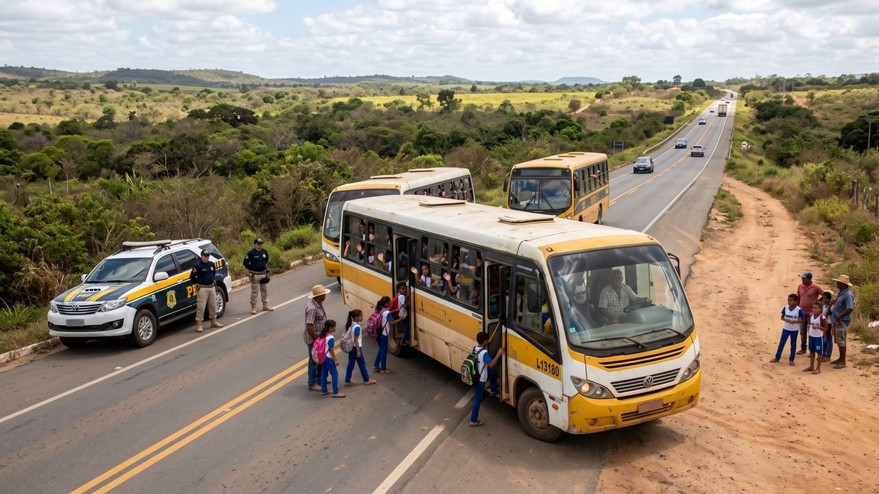 Três ônibus levavam estudantes quando a PRF encontrou 2 motoristas apenas com CNH B e um terceiro sem habilitação; um veículo tinha licenciamento vencido desde 2016 e acabou removido ao pátio