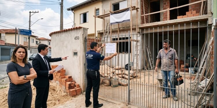Um herdeiro reformou sozinho o imóvel que ocupava e outra herdeira, dona de 12,5%, pediu a paralisação; a Justiça de Guarulhos travou a obra sob multa única de R$ 50 mil para evitar aumento da futura indenização