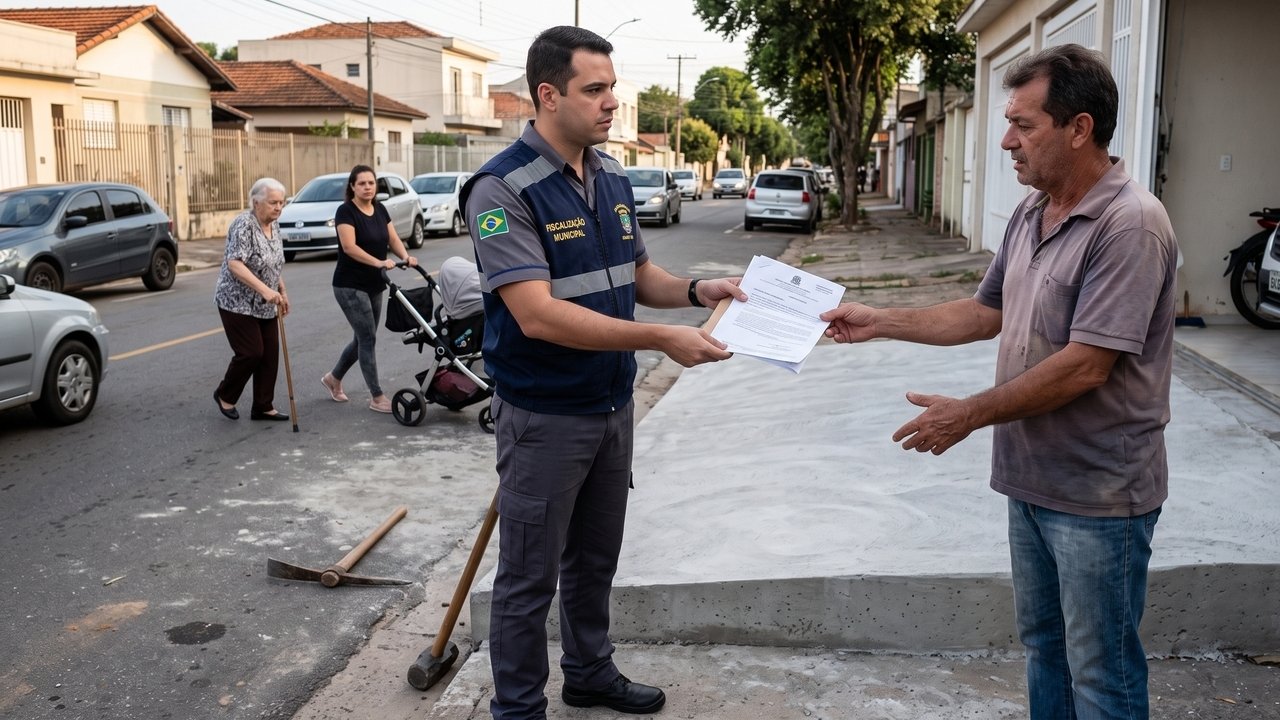 Morador constrói rampa de concreto na calçada para facilitar o acesso de SUV à garagem, criando um degrau de 25 cm no passeio público que provoca quedas de pedestres e impede o trânsito de cadeirantes; a prefeitura aplica multa por infração ao Código de Posturas e exige a demolição da estrutura
