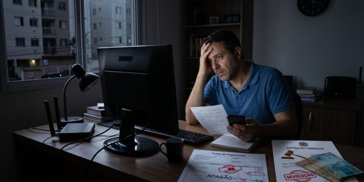 Funcionário em regime de teletrabalho sofre apagão elétrico de 4 horas em seu bairro e tem o dia descontado na folha de pagamento; Justiça do Trabalho condena o empregador a devolver o desconto, entendendo que a falha de infraestrutura externa não afasta a disponibilidade do trabalhador ao serviço.